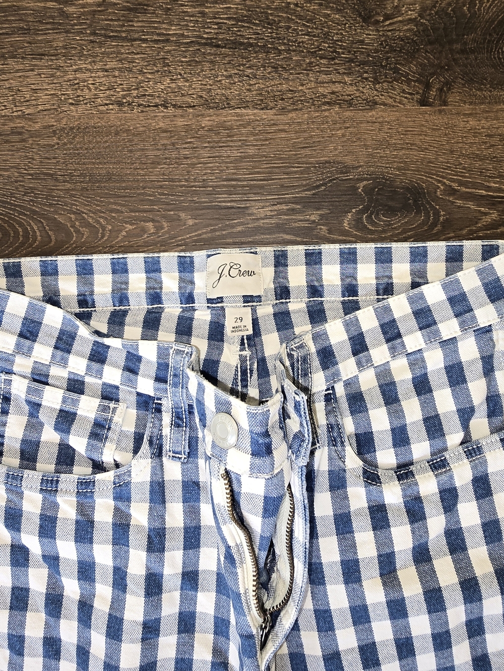 J. Crew Blue and White Gingham Straight Leg Jeans